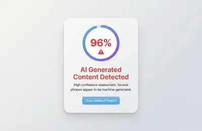 Screenshot of AuthentiScan AI detection interface showing the preamble to the U.S. Constitution with phrases highlighted in orange and red, alongside a circular gauge displaying 96% confidence that the text is AI-generated