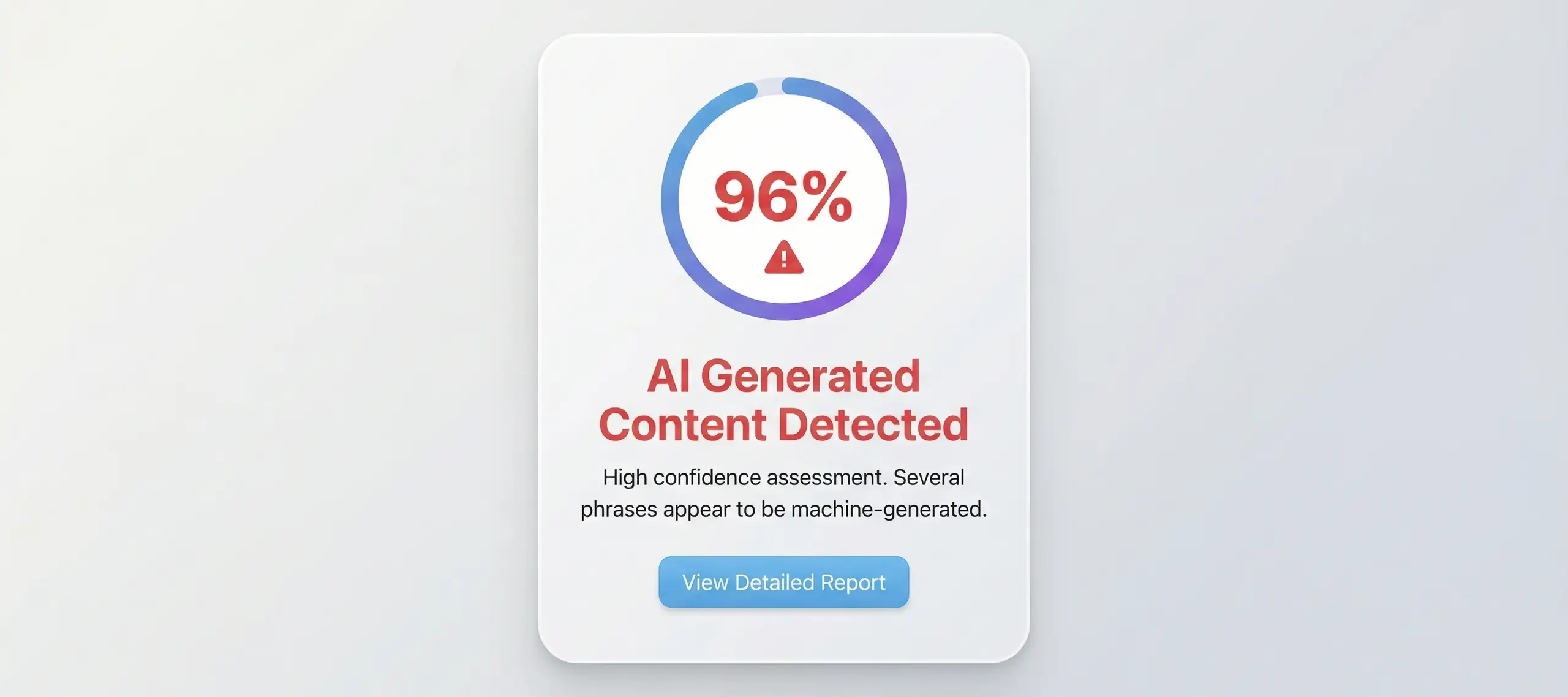 Screenshot of AuthentiScan AI detection interface showing the preamble to the U.S. Constitution with phrases highlighted in orange and red, alongside a circular gauge displaying 96% confidence that the text is AI-generated