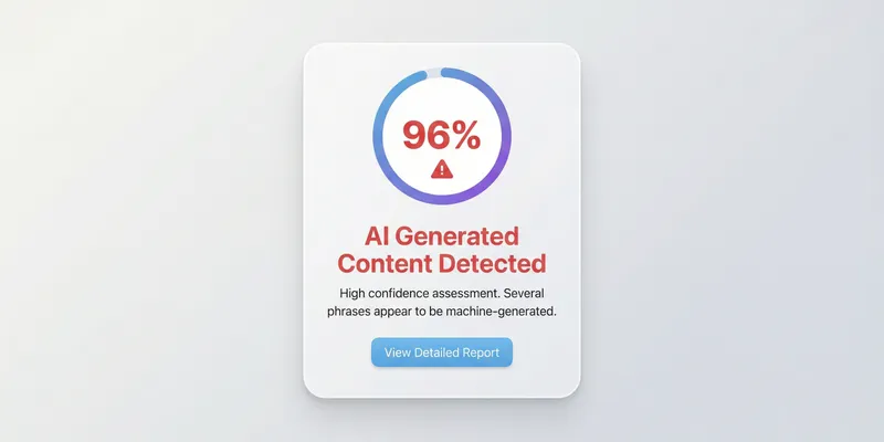 Screenshot of AuthentiScan AI detection interface showing the preamble to the U.S. Constitution with phrases highlighted in orange and red, alongside a circular gauge displaying 96% confidence that the text is AI-generated