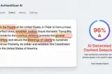 Screenshot of AuthentiScan AI detection interface showing the preamble to the U.S. Constitution with phrases highlighted in orange and red, alongside a circular gauge displaying 96% confidence that the text is AI-generated