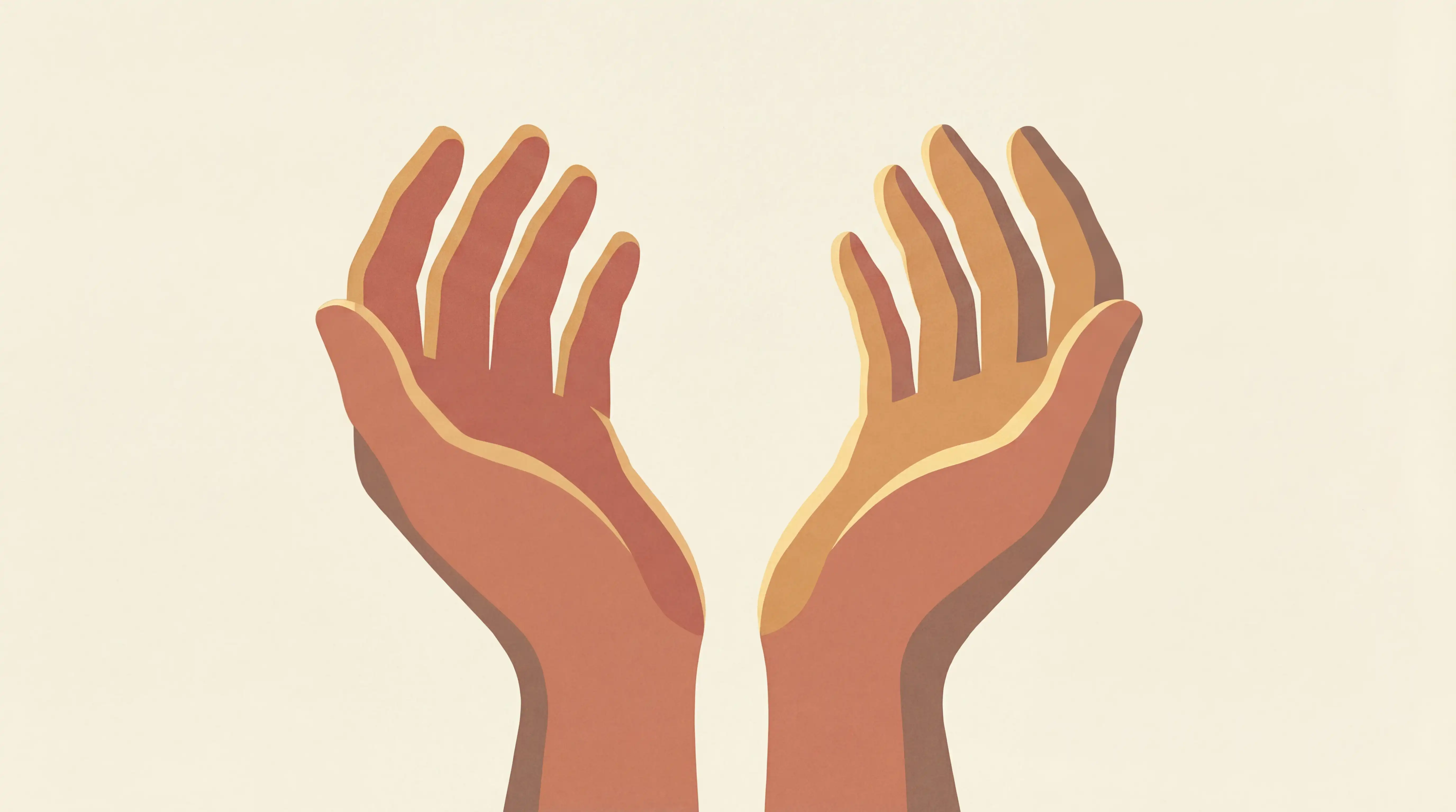 Two open hands raised upward in a gesture of openness or receiving, illustrated in warm earth tones of terracotta, peach, and brown against a cream background. The stylized, minimalist design features layered colors creating depth and dimension, conveying a mood of hope, acceptance, or spiritual reaching.