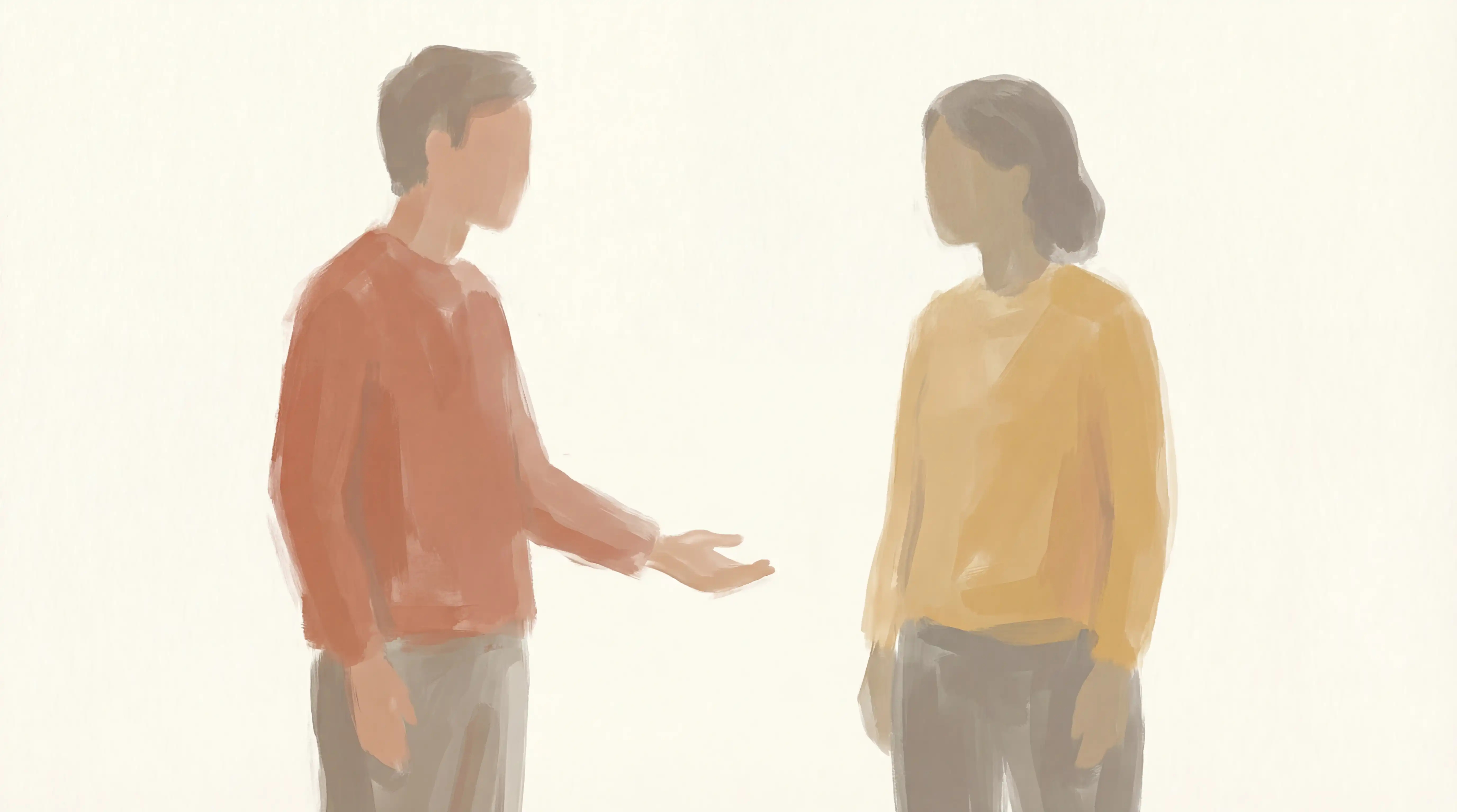 Two people in conversation facing each other - one wearing a rust-colored sweater gesturing with their hand, the other in a yellow sweater - rendered in a soft, minimalist watercolor style with muted earth tones against a cream background.