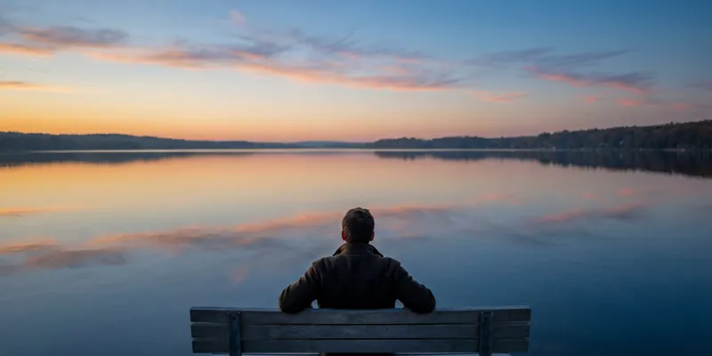Person in olive jacket sitting alone on weathered wooden bench facing tranquil lake at sunset, with peach and blue clouds reflected in still water and dark forested shoreline in distance