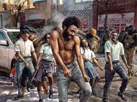Watercolor-style illustration of a shirtless man with dark curly hair and beard dancing energetically in a city street, surrounded by other people in casual clothing, with parked cars and colorful storefronts visible in the background amid an urban scene with smoke or steam rising