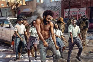 Watercolor-style illustration of a shirtless man with dark curly hair and beard dancing energetically in a city street, surrounded by other people in casual clothing, with parked cars and colorful storefronts visible in the background amid an urban scene with smoke or steam rising