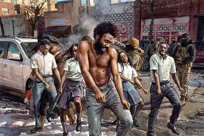 Watercolor-style illustration of a shirtless man with dark curly hair and beard dancing energetically in a city street, surrounded by other people in casual clothing, with parked cars and colorful storefronts visible in the background amid an urban scene with smoke or steam rising