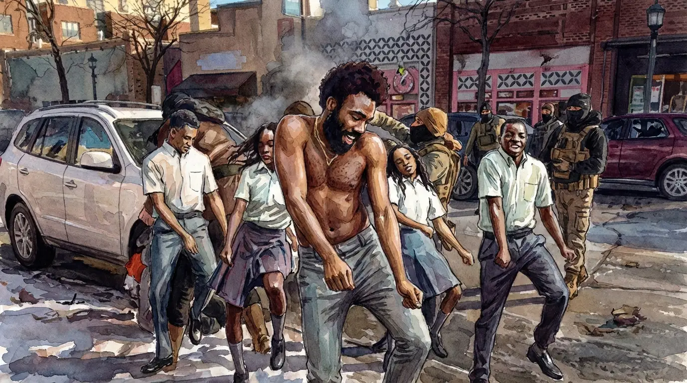 Watercolor-style illustration of a shirtless man with dark curly hair and beard dancing energetically in a city street, surrounded by other people in casual clothing, with parked cars and colorful storefronts visible in the background amid an urban scene with smoke or steam rising