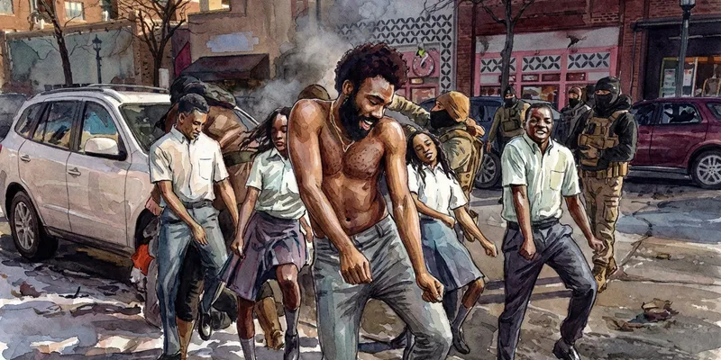 Watercolor-style illustration of a shirtless man with dark curly hair and beard dancing energetically in a city street, surrounded by other people in casual clothing, with parked cars and colorful storefronts visible in the background amid an urban scene with smoke or steam rising