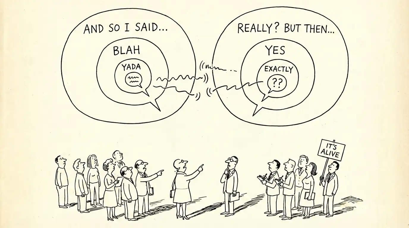 A cartoon showing two groups of people with speech bubbles above them - the left bubble contains nested circles with 'AND SO I SAID... BLAH, YADA' representing rambling conversation, while the right bubble shows 'REALLY? BUT THEN... YES, EXACTLY ??' representing engaged response; one person holds an 'IT'S ALIVE' sign, illustrating the difference between monologue and dialogue.