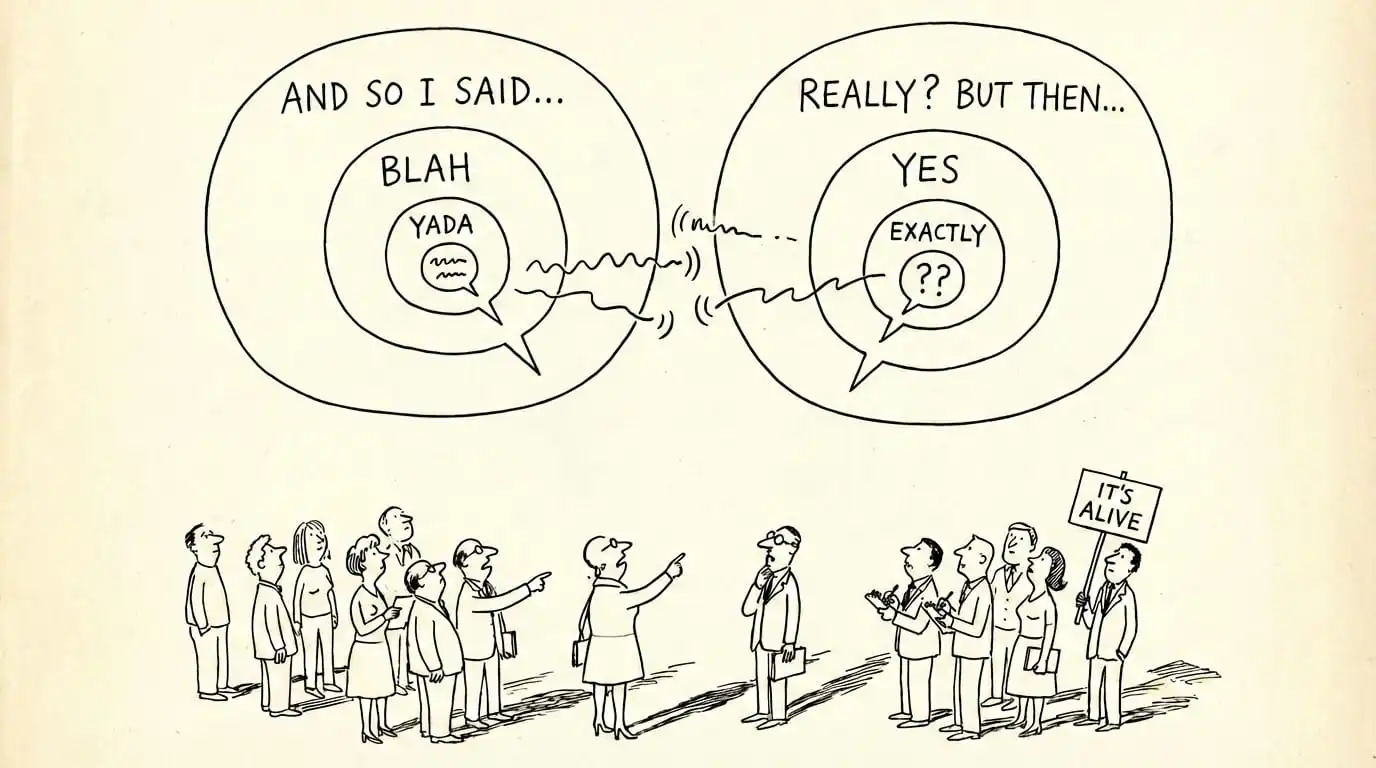 A cartoon showing two groups of people with speech bubbles above them - the left bubble contains nested circles with 'AND SO I SAID... BLAH, YADA' representing rambling conversation, while the right bubble shows 'REALLY? BUT THEN... YES, EXACTLY ??' representing engaged response; one person holds an 'IT'S ALIVE' sign, illustrating the difference between monologue and dialogue.