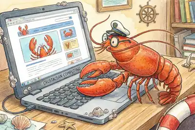 Watercolor illustration of an orange cartoon lobster wearing a white captain's hat and round glasses, typing on a laptop displaying crustacean images, surrounded by nautical décor including books, a ship's wheel, seashells, and a life preserver on a wooden desk