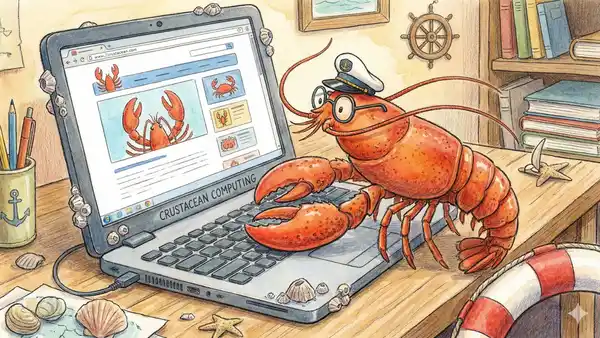 Watercolor illustration of an orange cartoon lobster wearing a white captain's hat and round glasses, typing on a laptop displaying crustacean images, surrounded by nautical décor including books, a ship's wheel, seashells, and a life preserver on a wooden desk