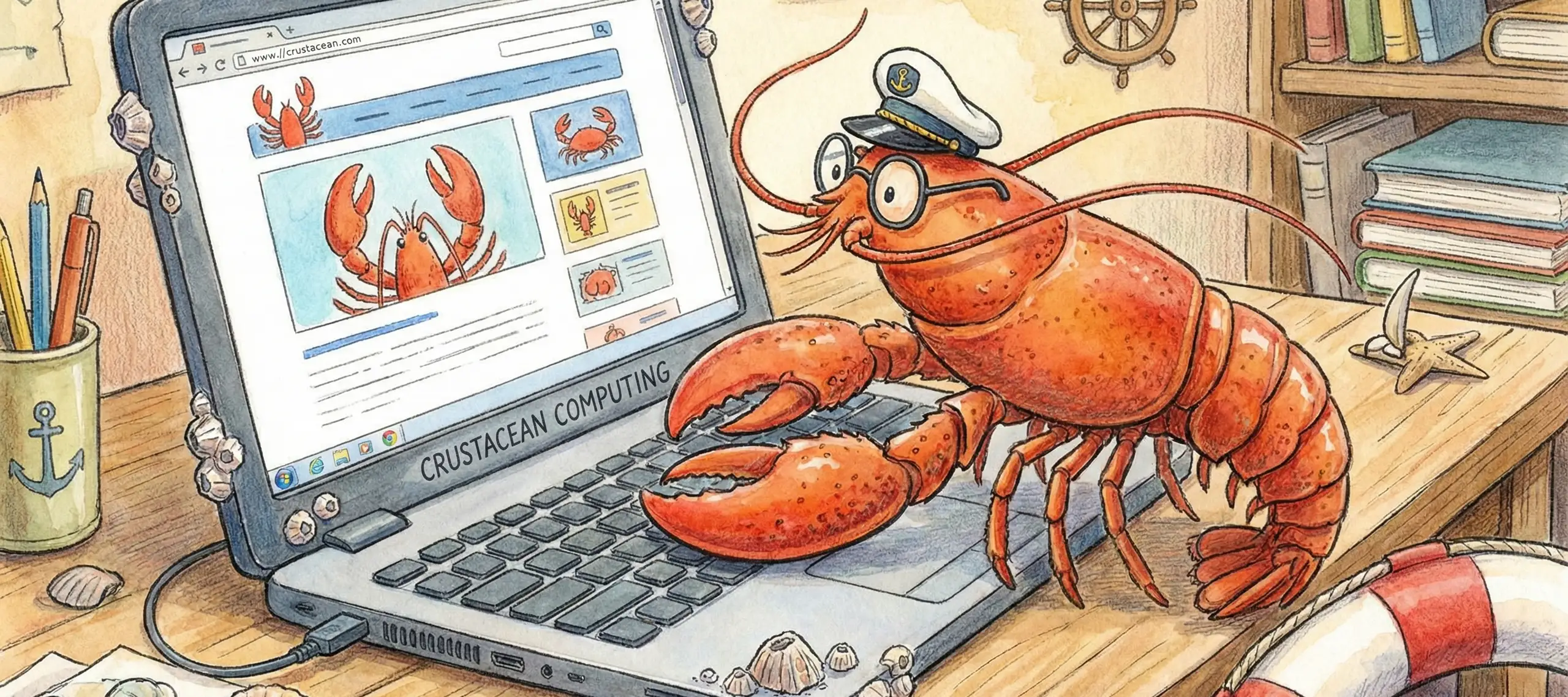 Watercolor illustration of an orange cartoon lobster wearing a white captain's hat and round glasses, typing on a laptop displaying crustacean images, surrounded by nautical décor including books, a ship's wheel, seashells, and a life preserver on a wooden desk