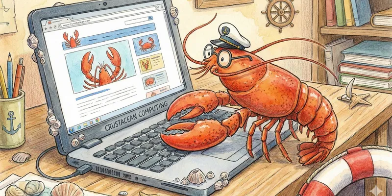 Watercolor illustration of an orange cartoon lobster wearing a white captain's hat and round glasses, typing on a laptop displaying crustacean images, surrounded by nautical décor including books, a ship's wheel, seashells, and a life preserver on a wooden desk