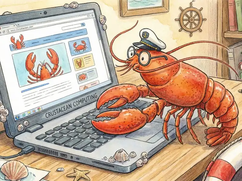 Watercolor illustration of an orange cartoon lobster wearing a white captain's hat and round glasses, typing on a laptop displaying crustacean images, surrounded by nautical décor including books, a ship's wheel, seashells, and a life preserver on a wooden desk