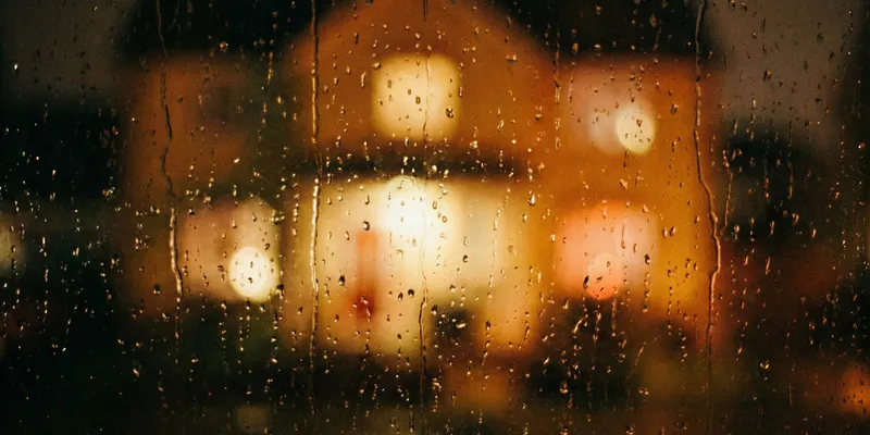 A grainy film photograph taken from inside a dark room, looking out