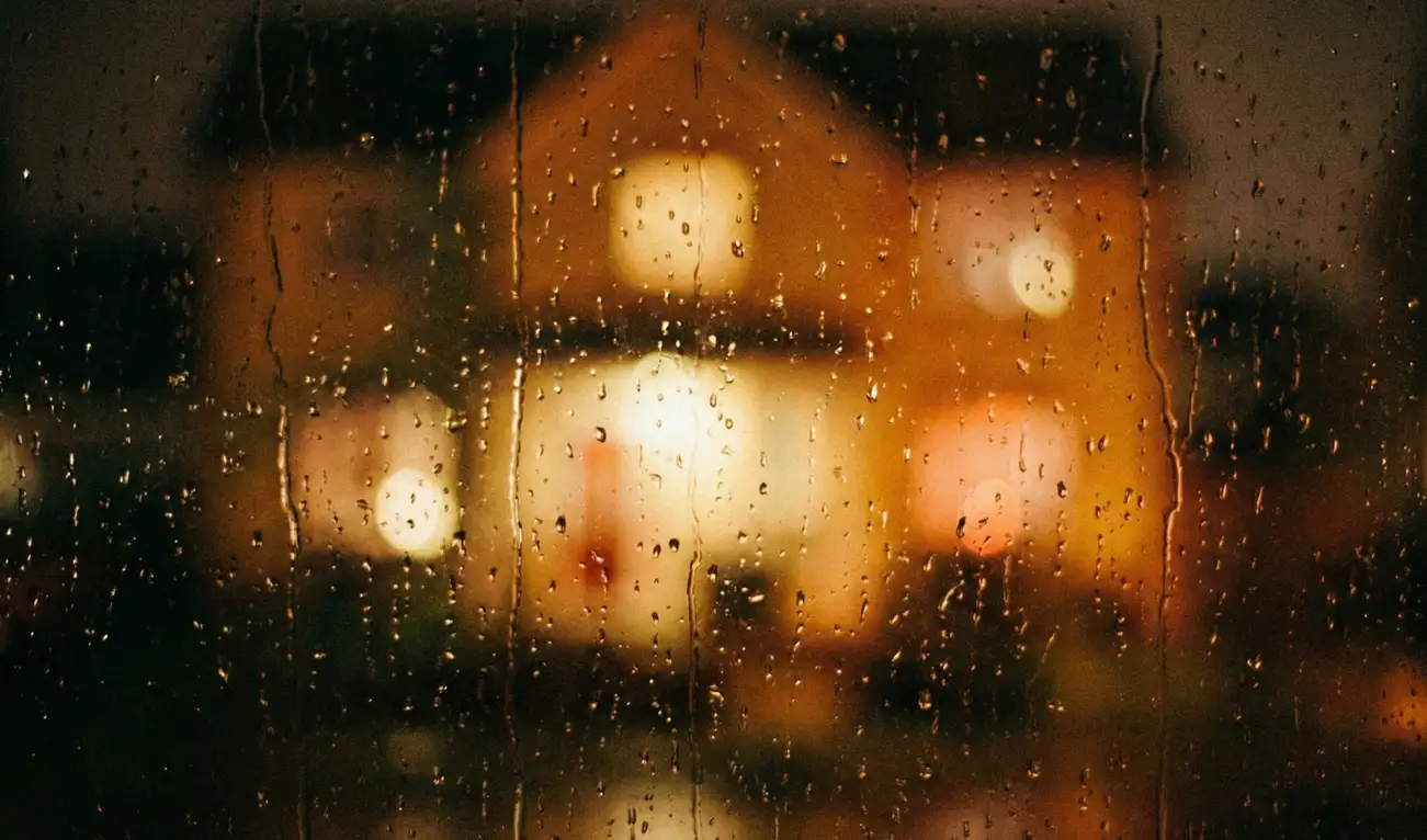 A grainy film photograph taken from inside a dark room, looking out