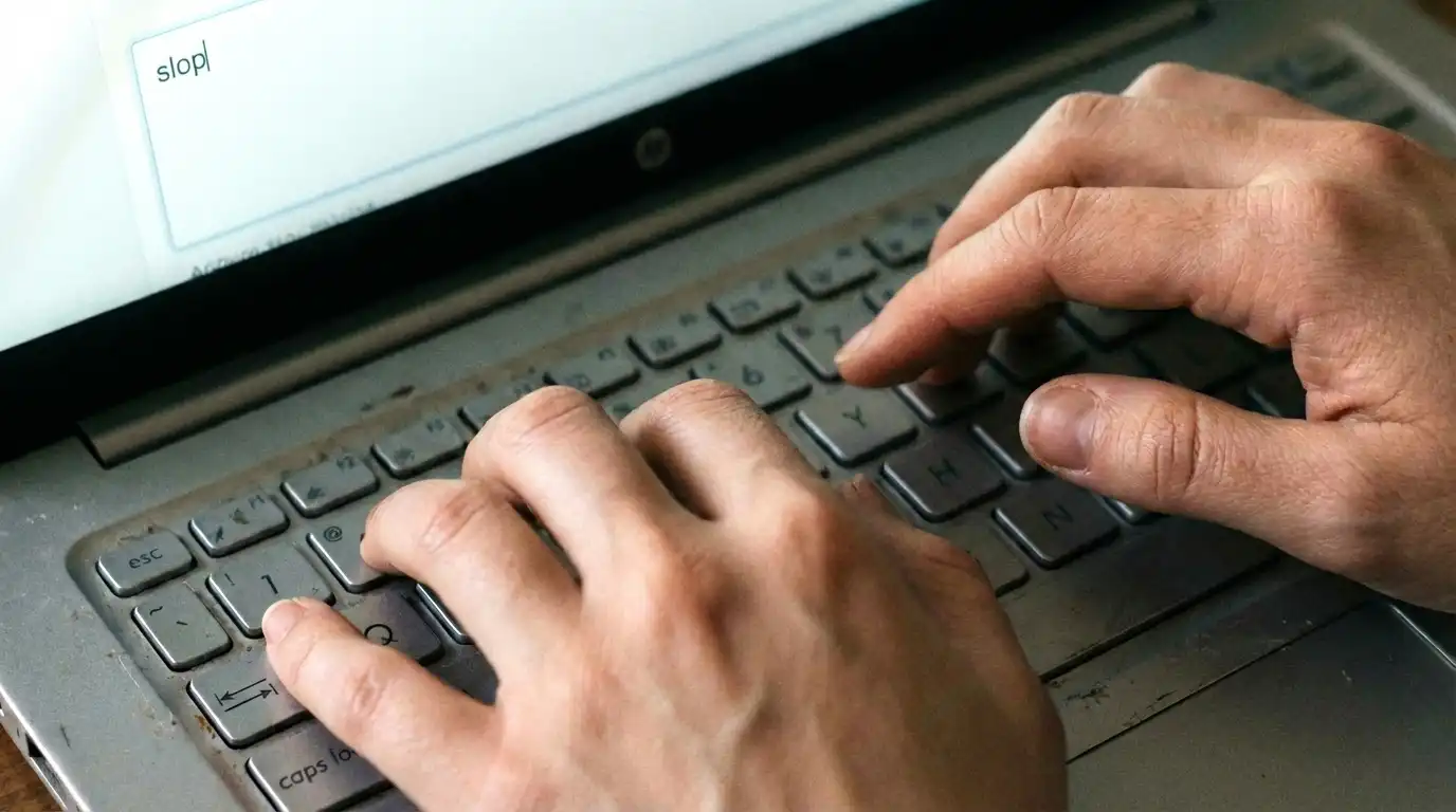 Two hands typing on a dusty laptop keyboard with dark keys, while a white sticky note reading "slop" is visible on the laptop screen in the upper left corner. The image has a muted, slightly desaturated color palette suggesting a work-in-progress or casual computing environment.