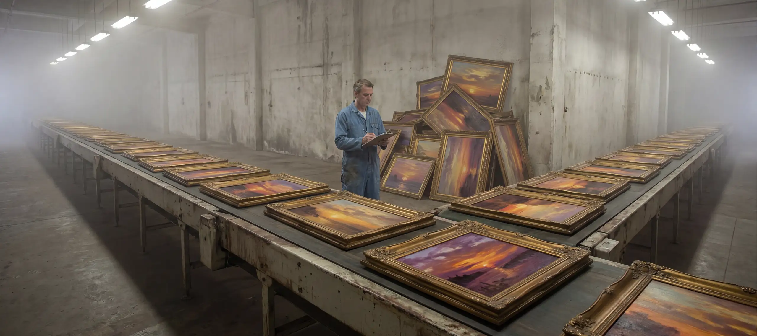 A person in a blue work coat examines framed paintings with golden baroque frames in a misty industrial warehouse, with dozens of sunset paintings arranged on long concrete tables under fluorescent lighting