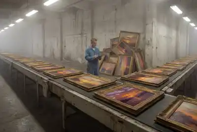 A person in a blue work coat examines framed paintings with golden baroque frames in a misty industrial warehouse, with dozens of sunset paintings arranged on long concrete tables under fluorescent lighting
