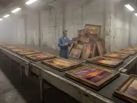 A person in a blue work coat examines framed paintings with golden baroque frames in a misty industrial warehouse, with dozens of sunset paintings arranged on long concrete tables under fluorescent lighting