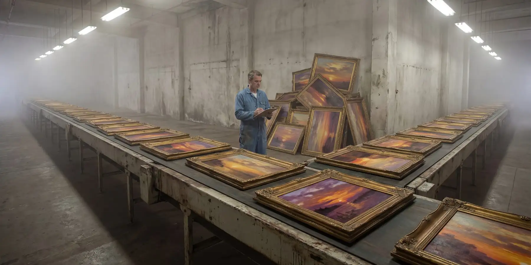 A person in a blue work coat examines framed paintings with golden baroque frames in a misty industrial warehouse, with dozens of sunset paintings arranged on long concrete tables under fluorescent lighting