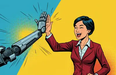 Pop art illustration of a metallic robotic hand and human hand in a business suit high-fiving against a split blue and yellow background with halftone dot patterns and radiating motion lines