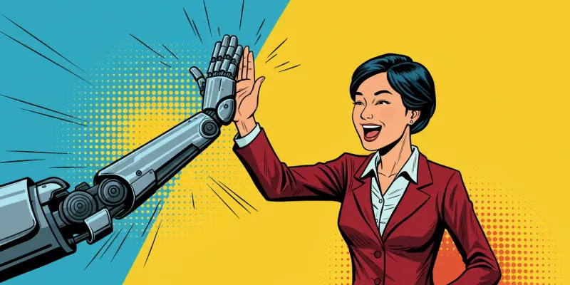 Pop art illustration of a metallic robotic hand and human hand in a business suit high-fiving against a split blue and yellow background with halftone dot patterns and radiating motion lines