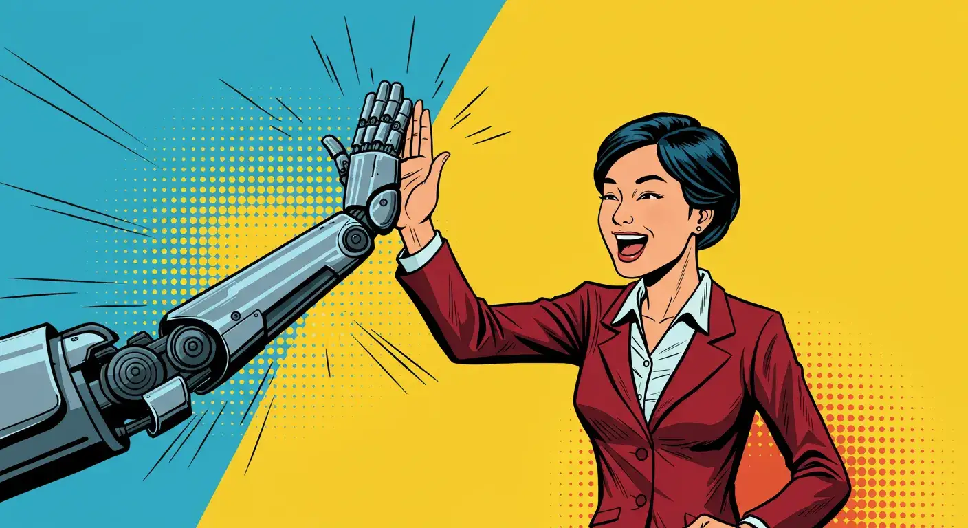 Pop art illustration of a metallic robotic hand and human hand in a business suit high-fiving against a split blue and yellow background with halftone dot patterns and radiating motion lines