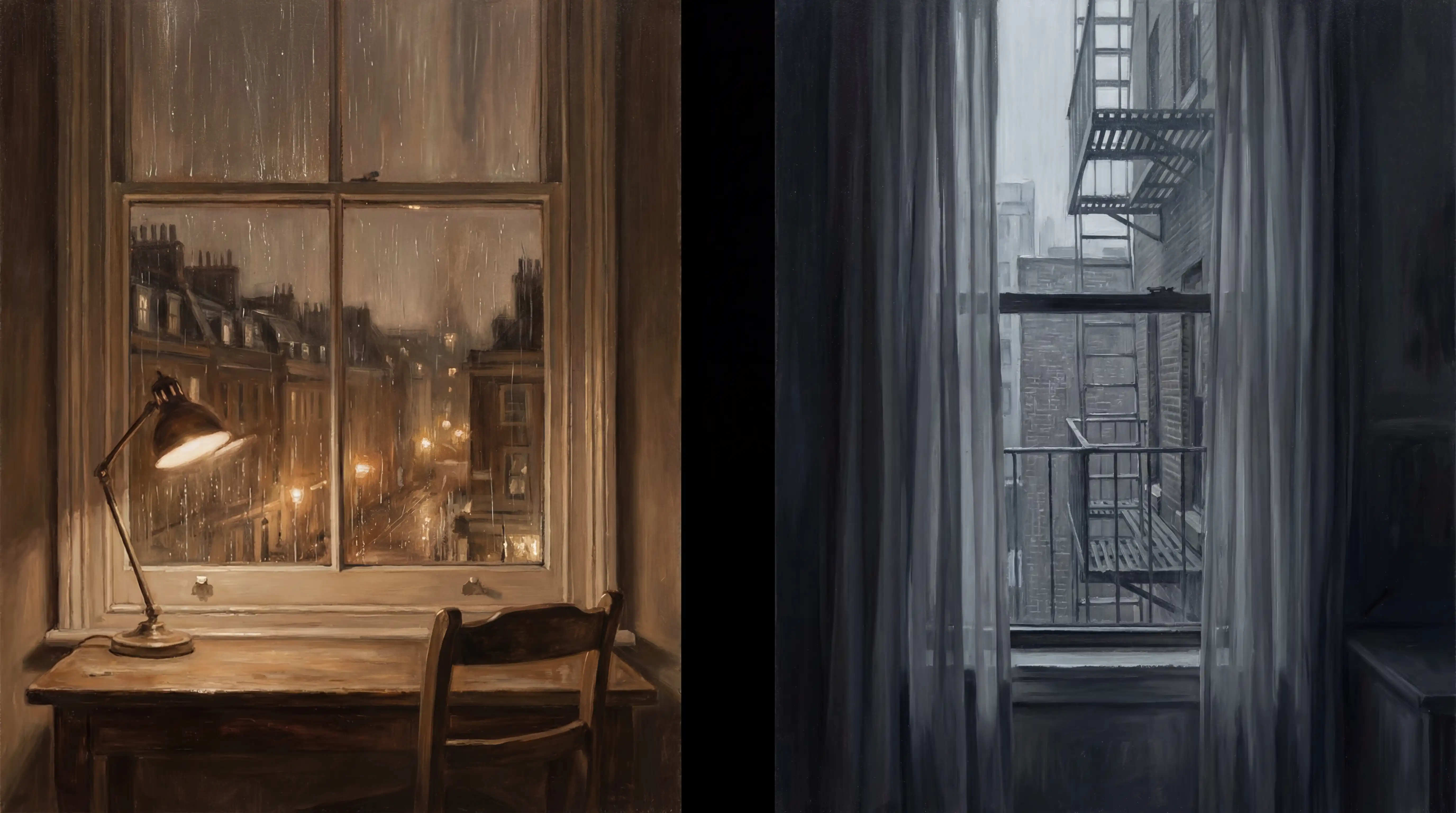 Two contrasting window scenes side by side: the left shows a warm, sepia-toned view through rain-streaked glass with a desk lamp illuminating a workspace overlooking Parisian rooftops at night, while the right displays a cool, monochromatic view of a fire escape against gray urban buildings through sheer curtains.