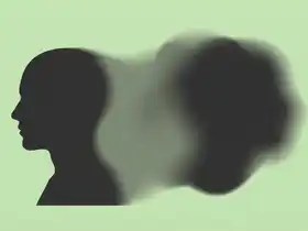Dark silhouette of a human head in profile on the left side facing right, with a blurred, abstract shadow shape extending to the right against a pale beige background