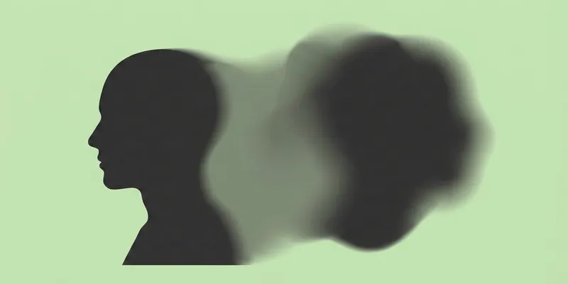 Dark silhouette of a human head in profile on the left side facing right, with a blurred, abstract shadow shape extending to the right against a pale beige background